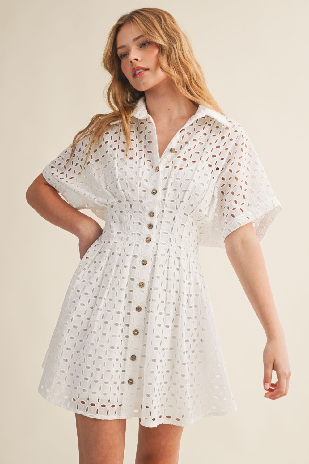 white eyelet shirt dress Eyelet Shirt Dress D6217 Miou Muse White / S
