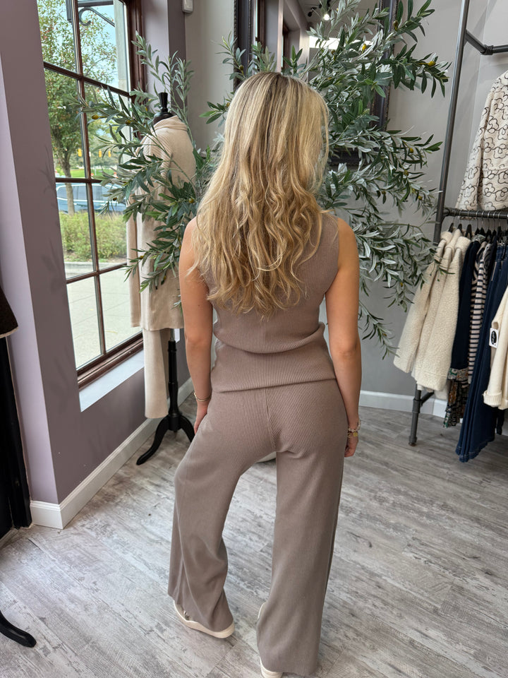 Rumi Ribbed Wide Leg Pant back view in khaki ribbed knit