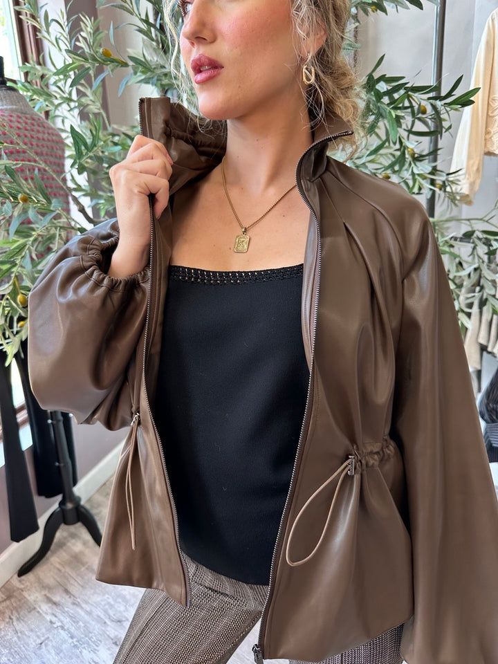 Cognac Cinched Leather Jacket