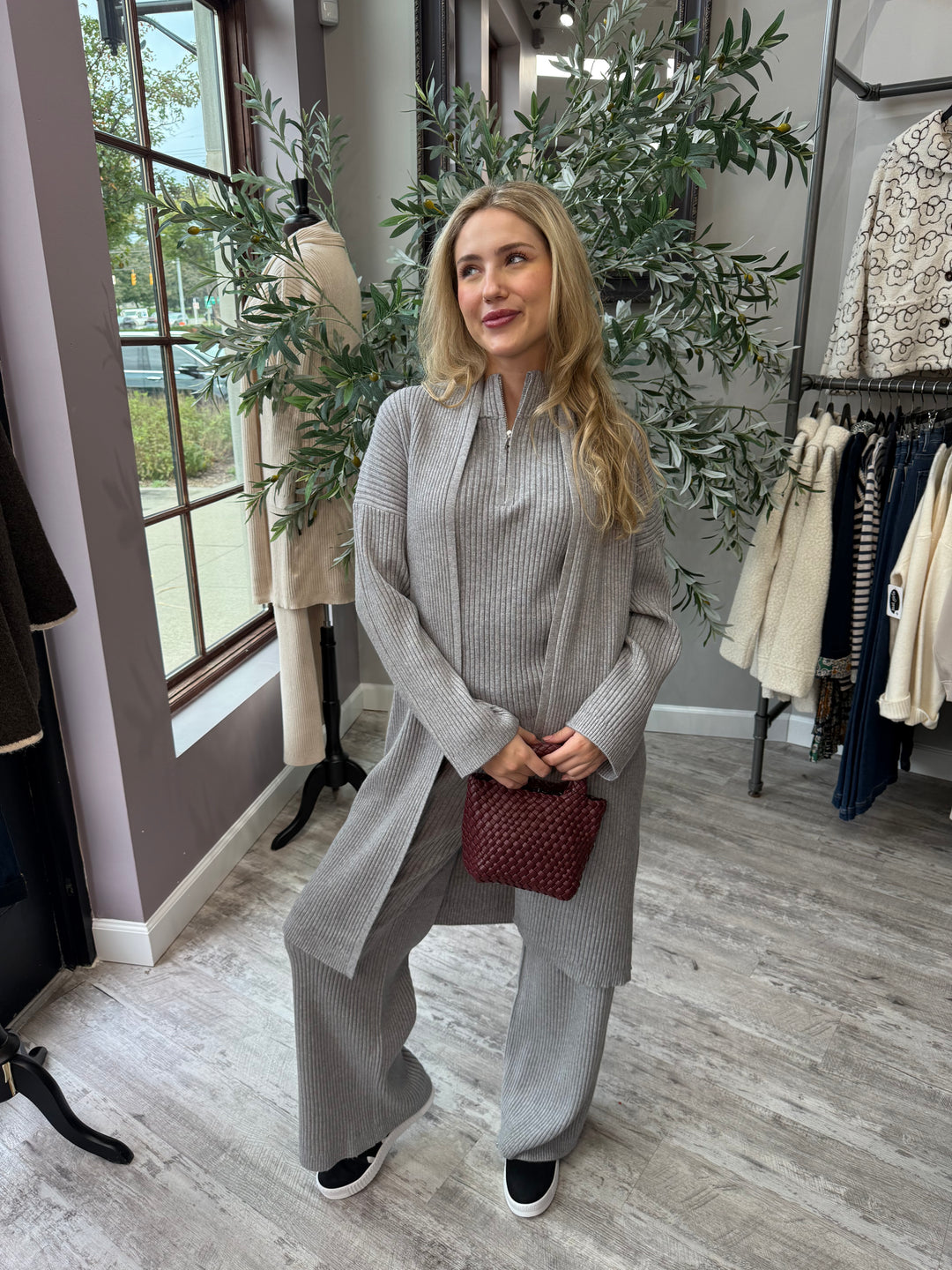 St. Moritz Ribbed Open Cardigan in gray styled with matching knit set, full-length front view
