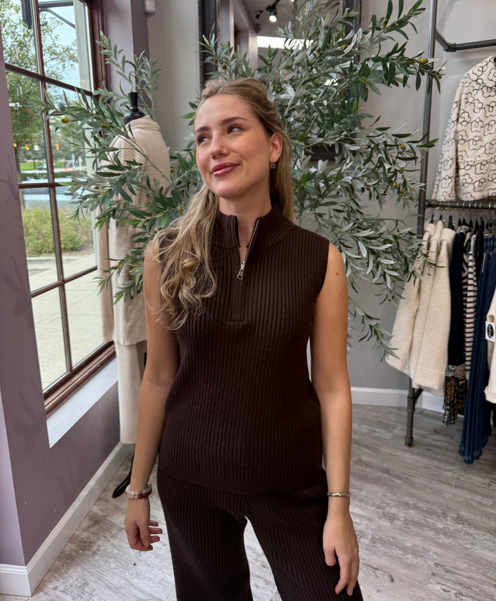 St. Moritz Ribbed Zip Mock Neck Tank in brown with half-zip mock neck, waist-up front view