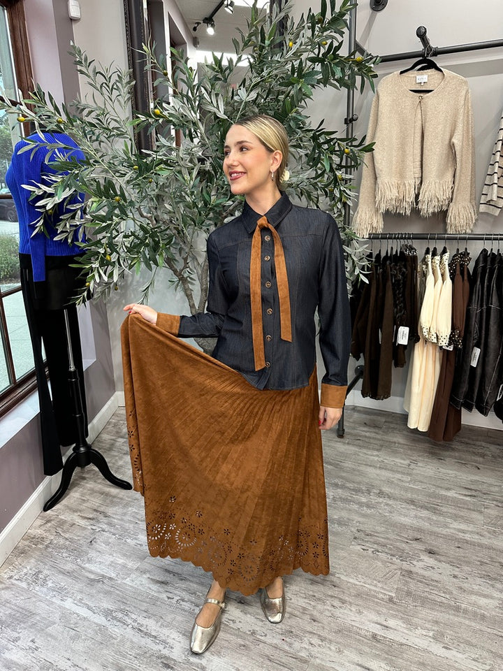Copper Crush Eyelet Midi Skirt
