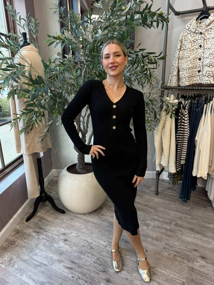 Rory Ribbed Sweater Dress in black with gold button placket, full-length front view