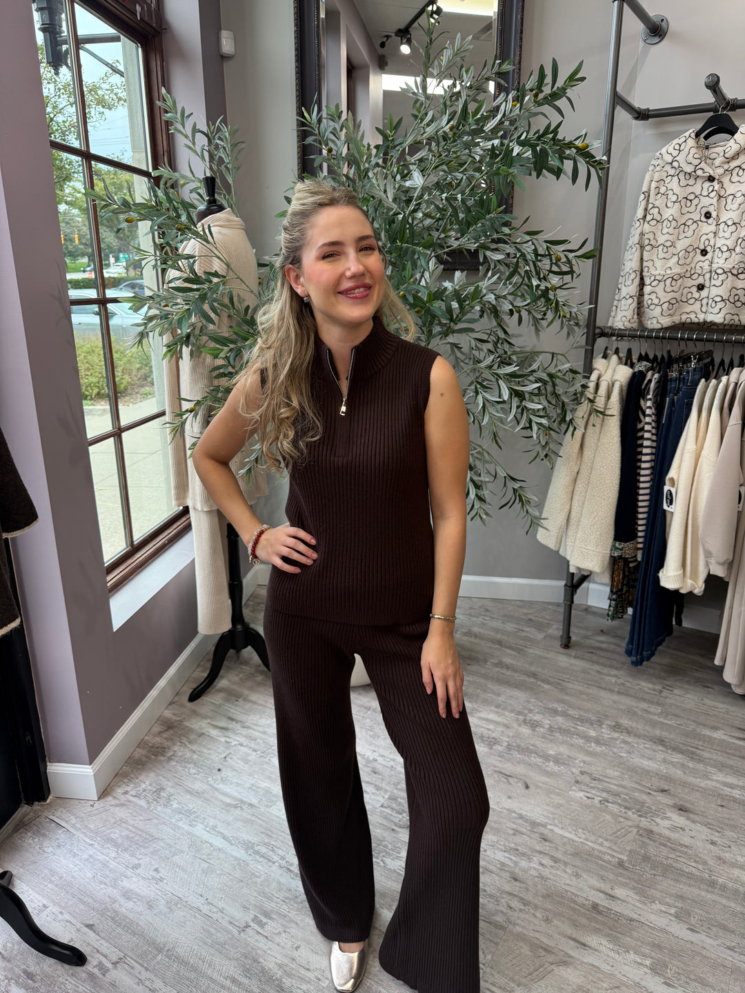 St. Moritz Ribbed Knit Pant in brown ribbed knit, full-length front view