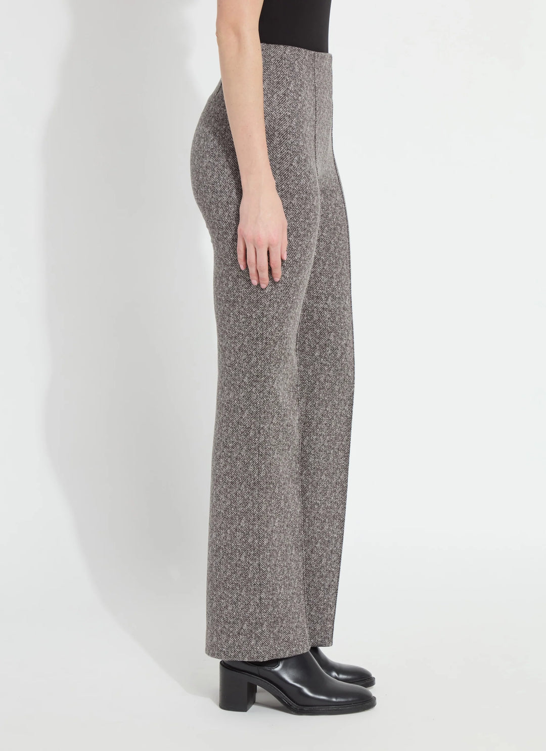 Elysse Herringbone Pant side view showing pull-on fit and flared hem