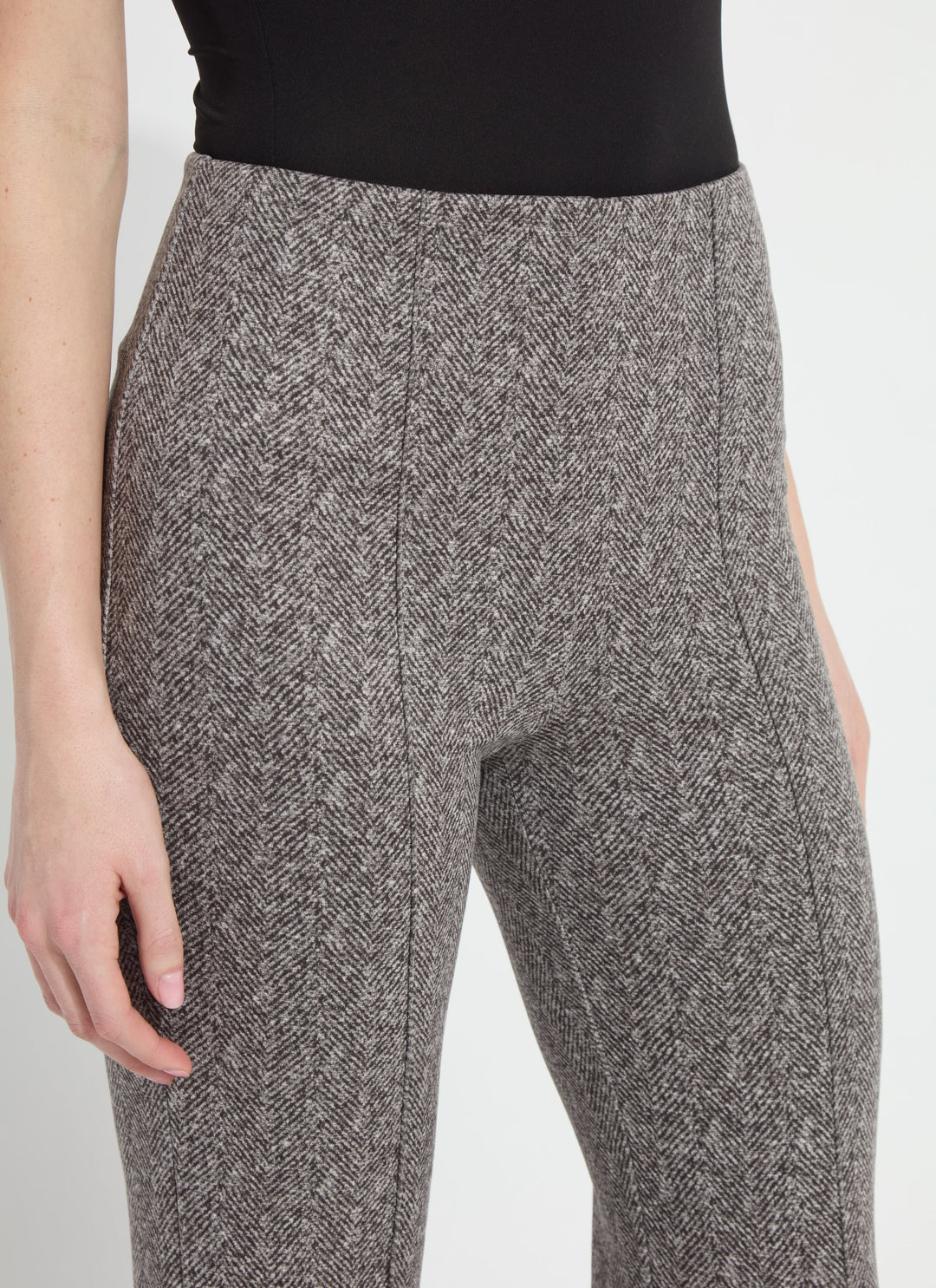Elysse Herringbone Pant close-up of herringbone texture and front seam detail
