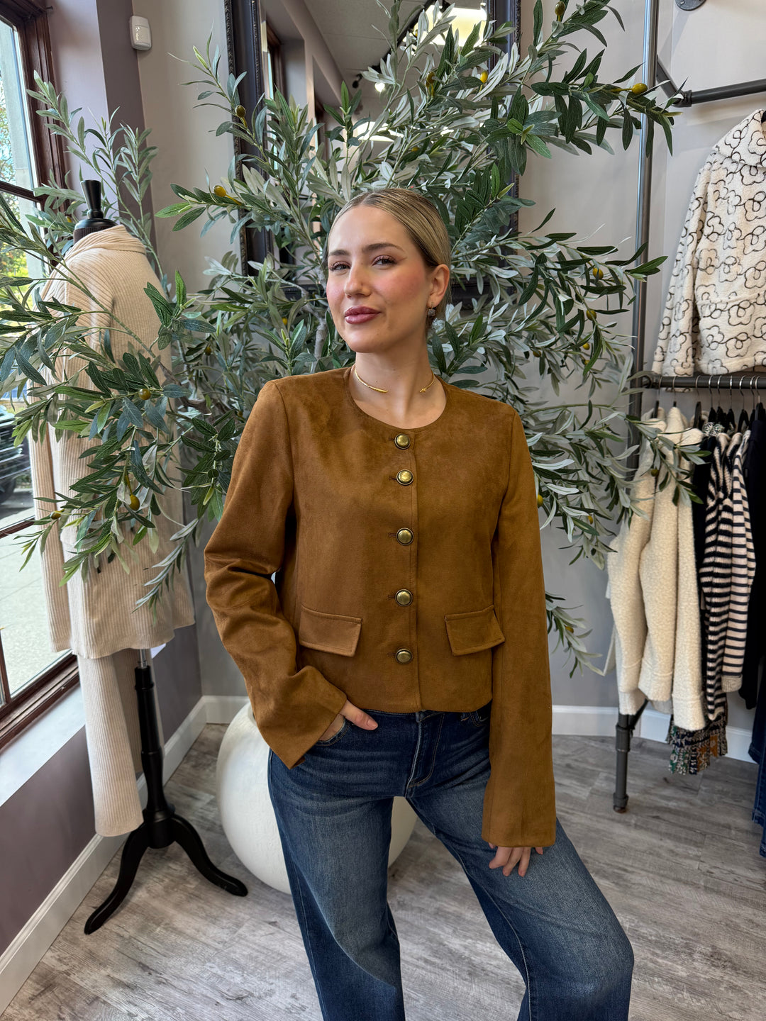 Lana Faux Suede Jacket in brown faux suede with button front, waist-up front view