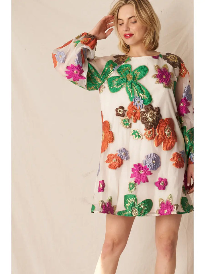 Posy Floral Organza Mini Dress in Cream Multicolor, view 3