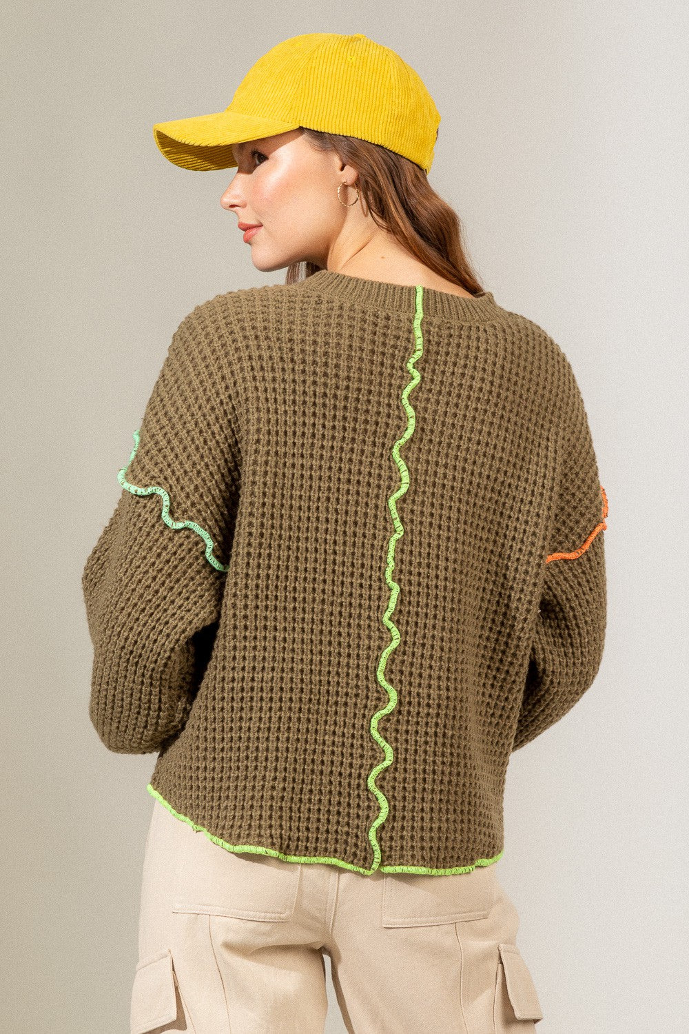 Neon Me Olive Waffle Knit Top