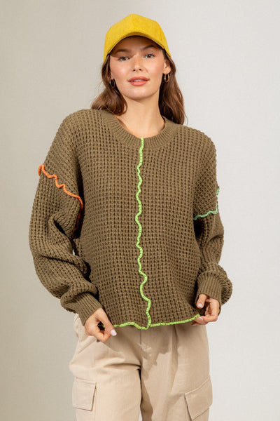 Neon Me Olive Waffle Knit Top