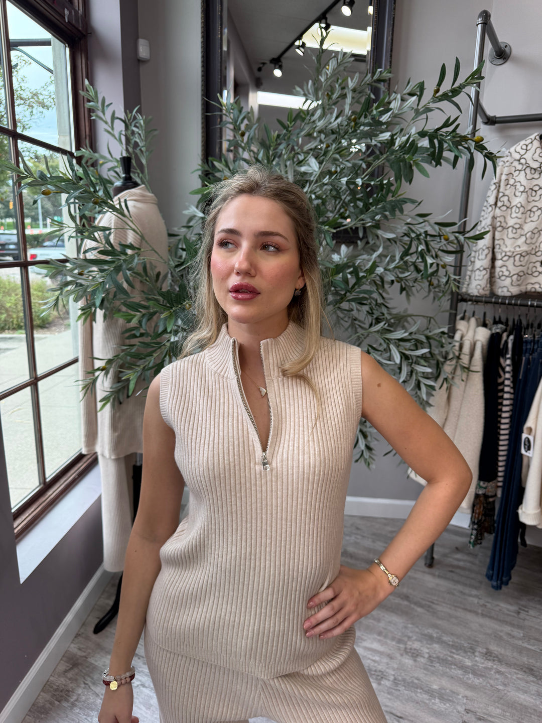 St. Moritz Ribbed Zip Mock Neck Tank in beige with half-zip mock neck, waist-up front view