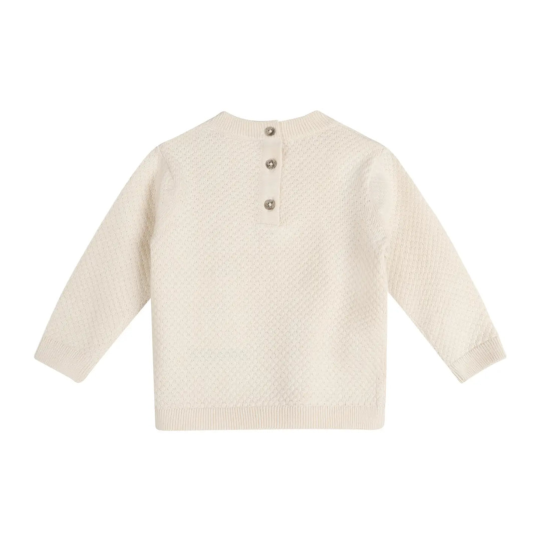 Ella Bow Knit Baby Pullover Sweater in ecru, back button closure