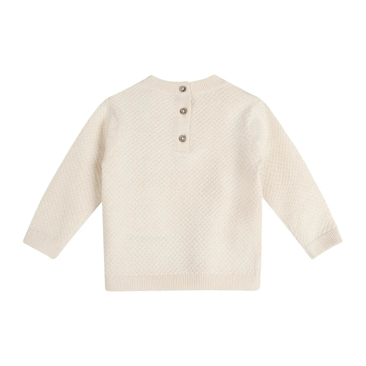 Ella Bow Knit Baby Pullover Sweater in ecru, back button closure
