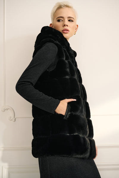 Luxe Reversible Faux Fur Puffer Vest, Black