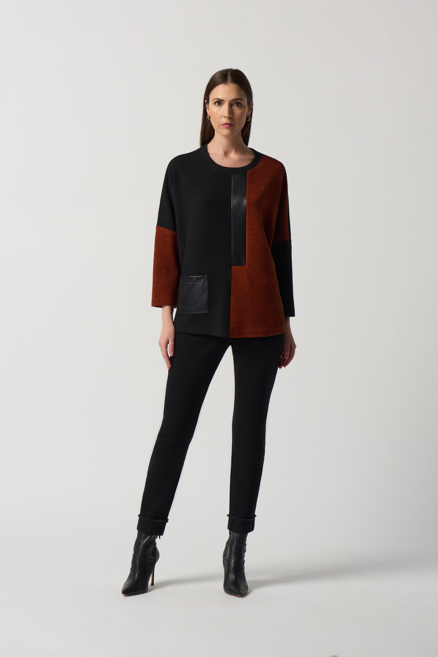 Faux Leather Two Tone Sweater, Black/Rust
