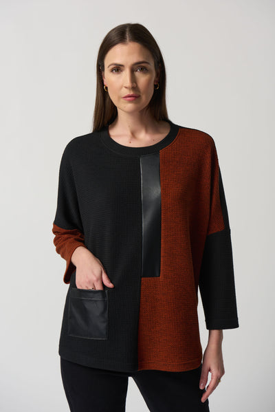 Faux Leather Two Tone Sweater, Black/Rust