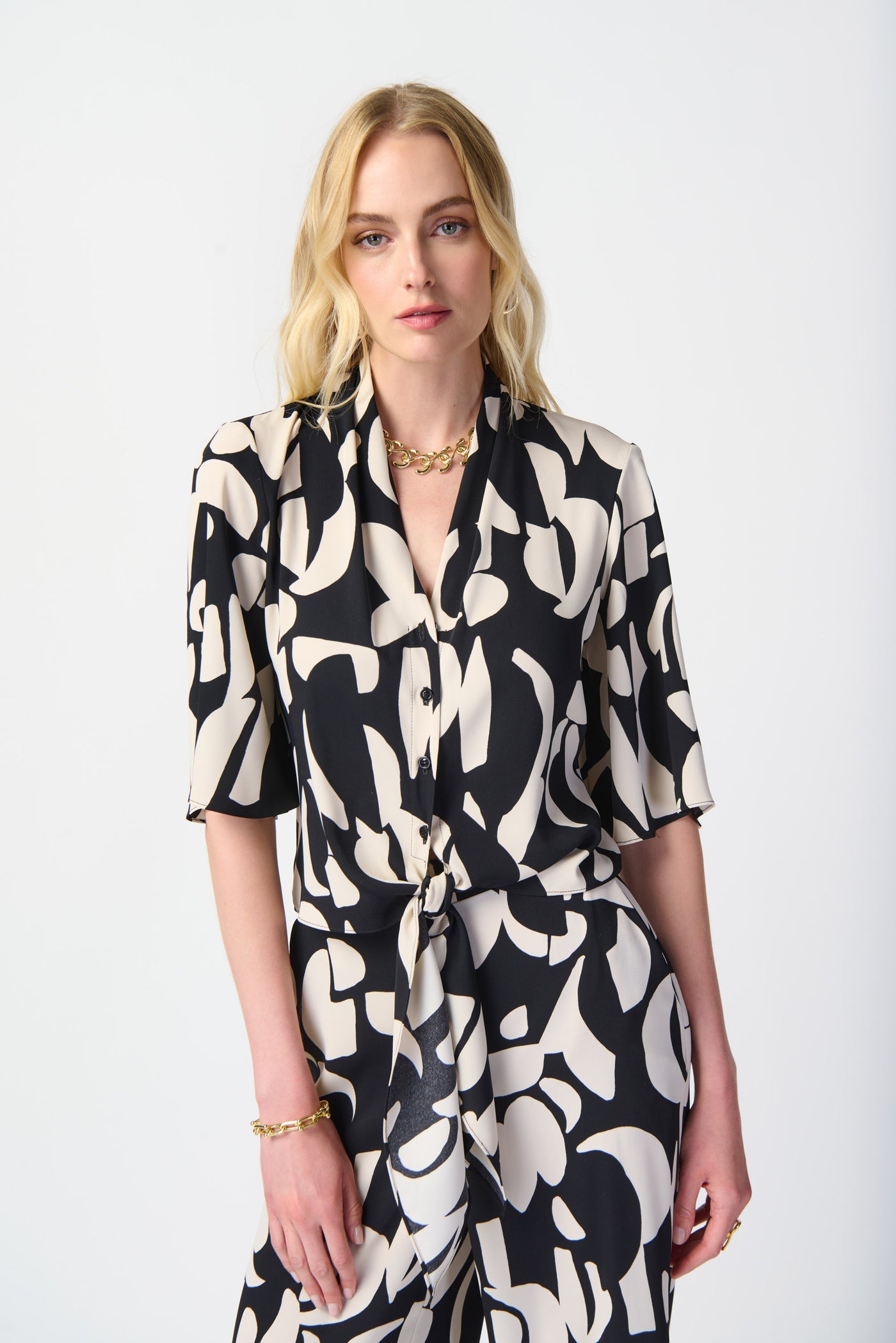 Abstract Print Woven Print Front Tie Blouse