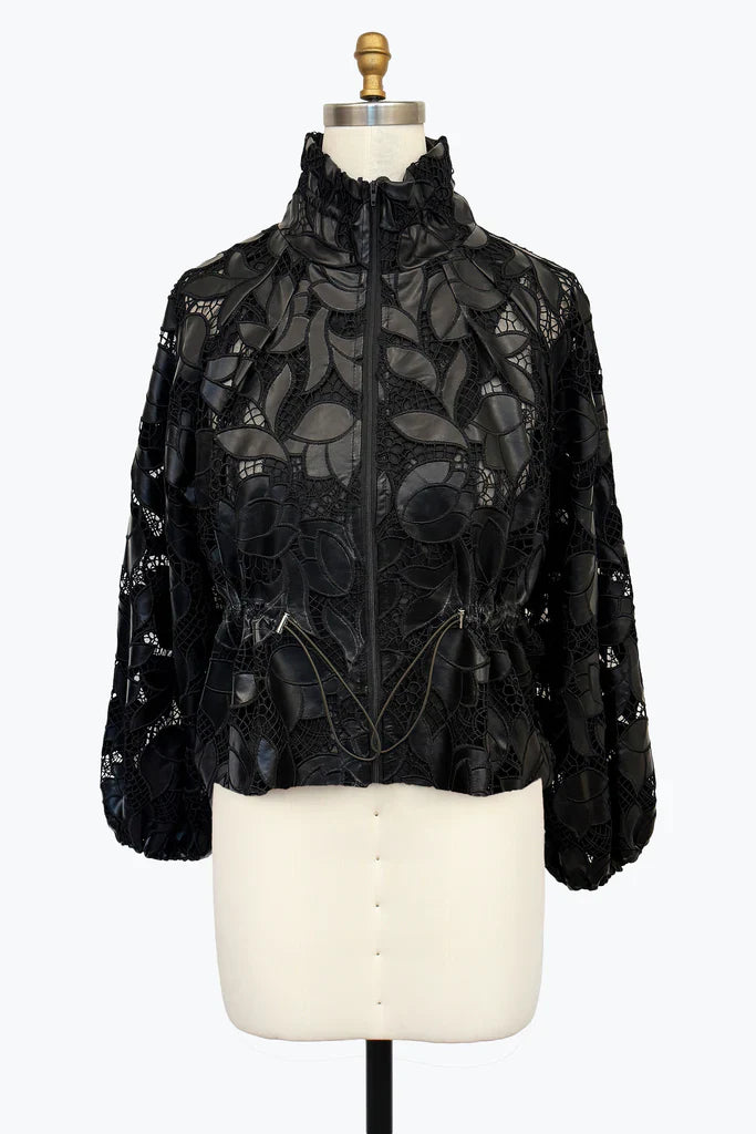 Black lace jacket on a mannequin against a white background