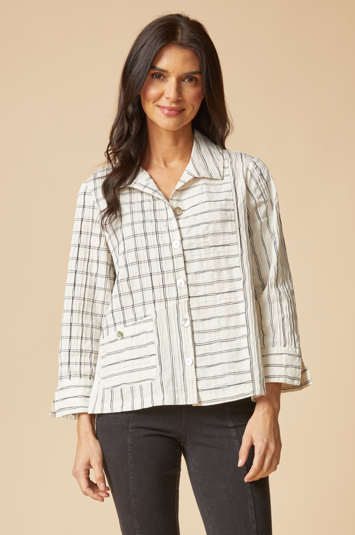 Mixed-Grid Button-Down Pocket Shirt