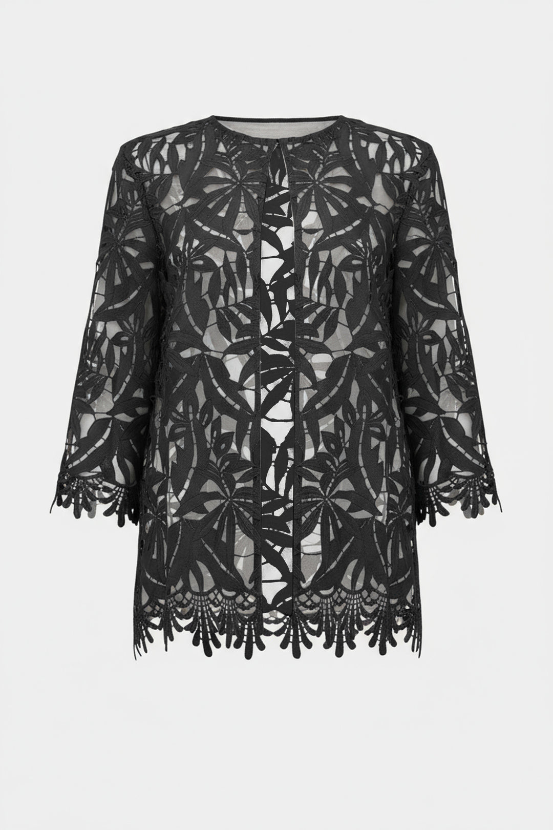 Black lace top with floral pattern on a white background