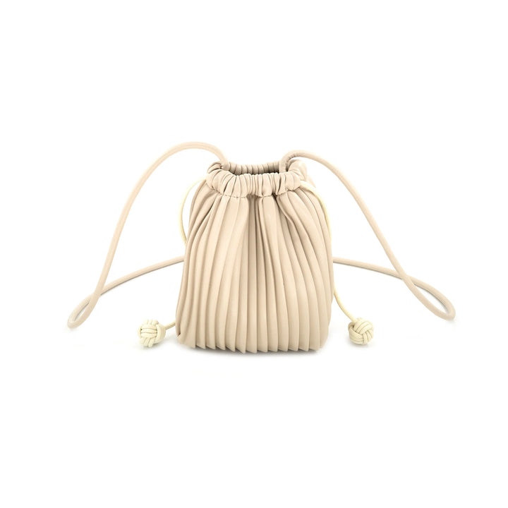 Beige pleated drawstring bag on a white background