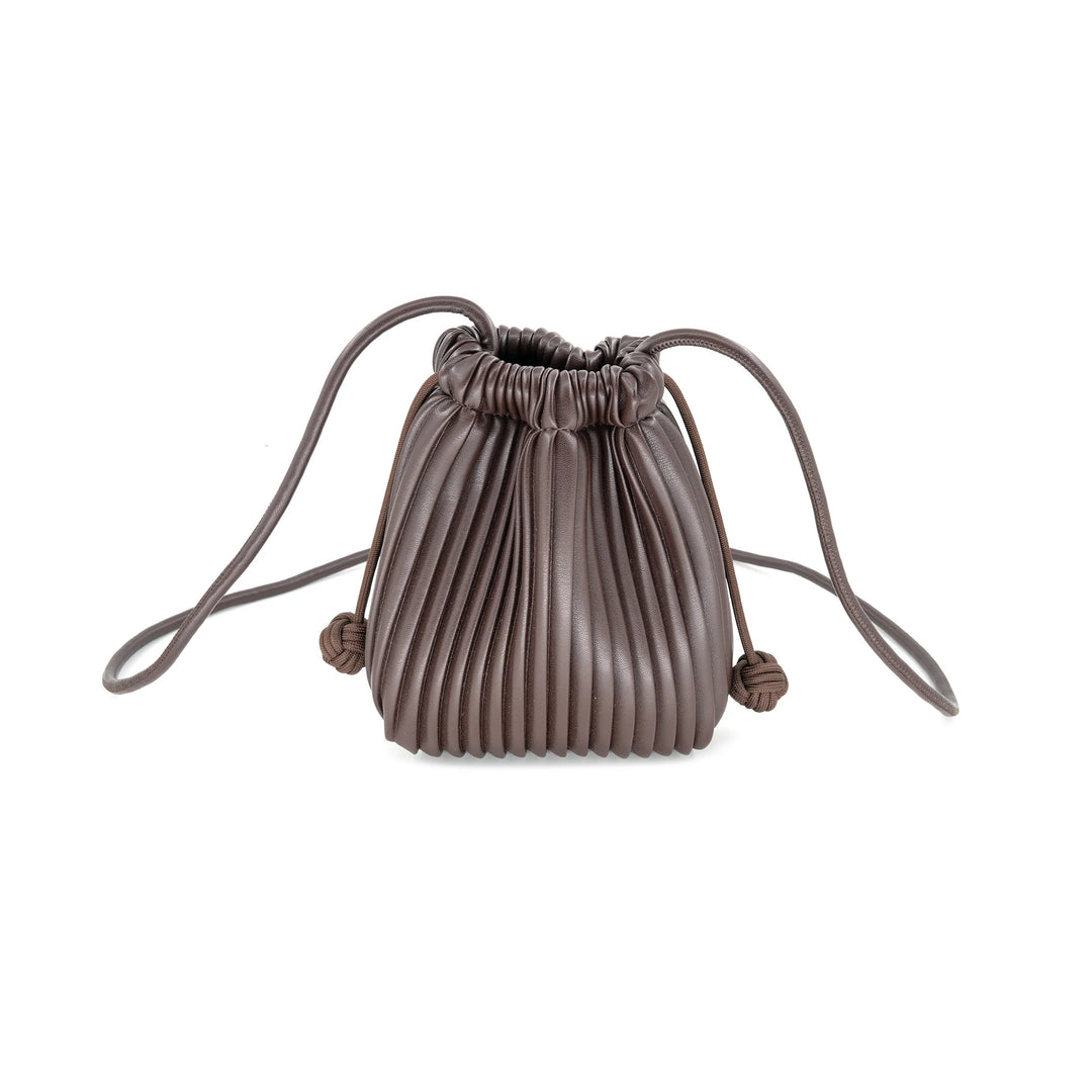 Brown pleated drawstring bag on a white background