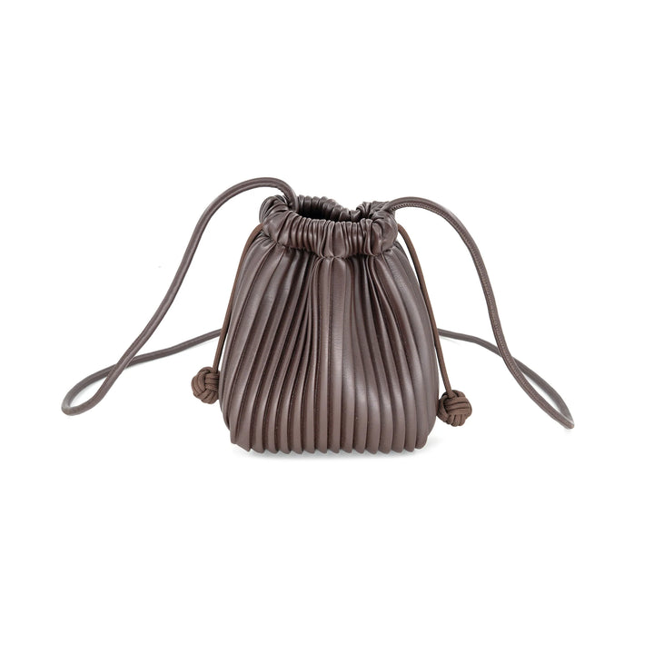 Brown pleated drawstring bag on a white background