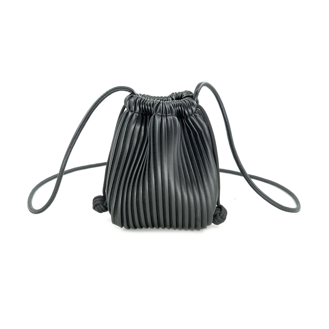 Black pleated drawstring bag on a white background