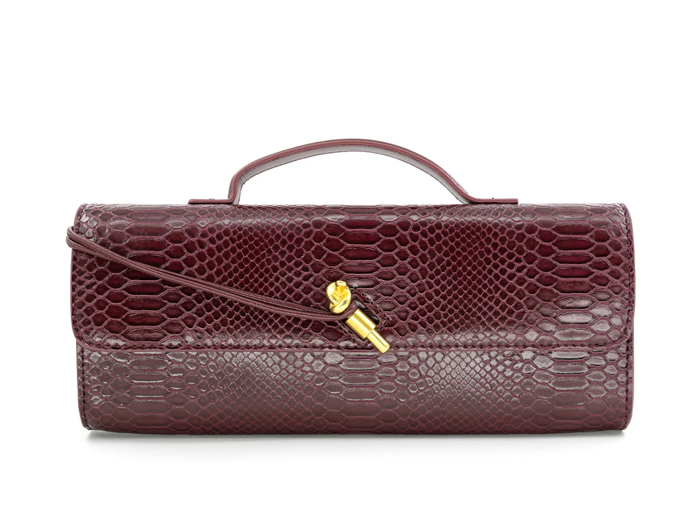 A dark burgundy faux-snakeskin leather clutch bag with a top handle and a gold-tone clasp, shown against a plain white background.