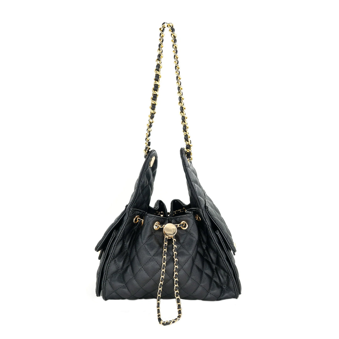 Black quilted handbag with gold chain strap on a white background