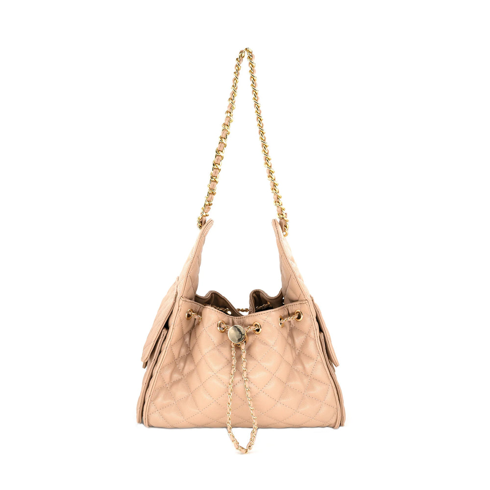 Beige quilted handbag with gold chain on a white background