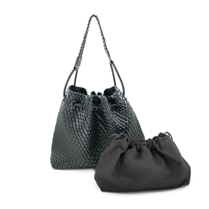 Black woven handbag and black drawstring pouch on a white background