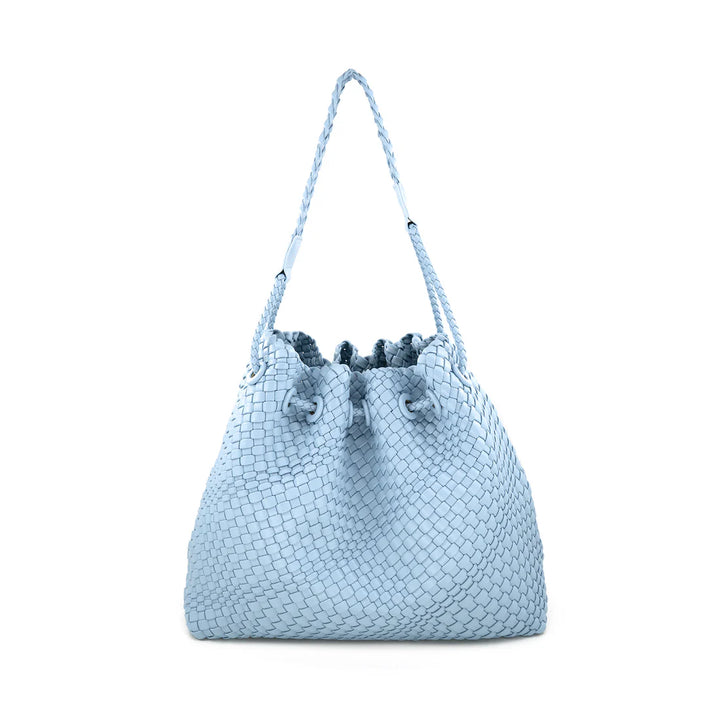 Light blue textured handbag on a white background
