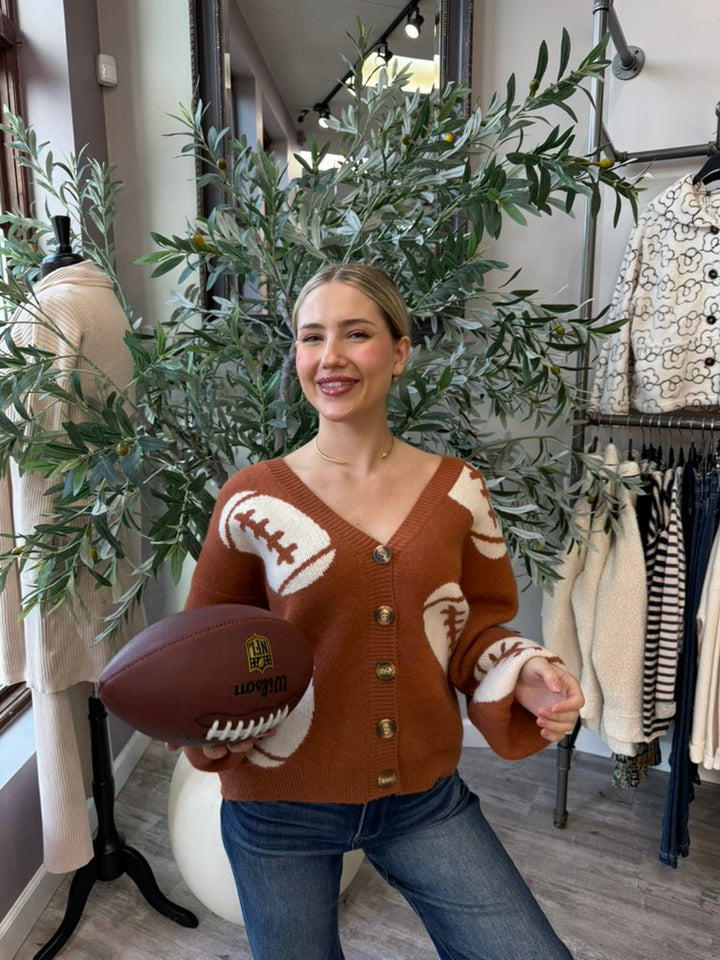 Tailgate Cardigan with football motif balloon sleeves, front view