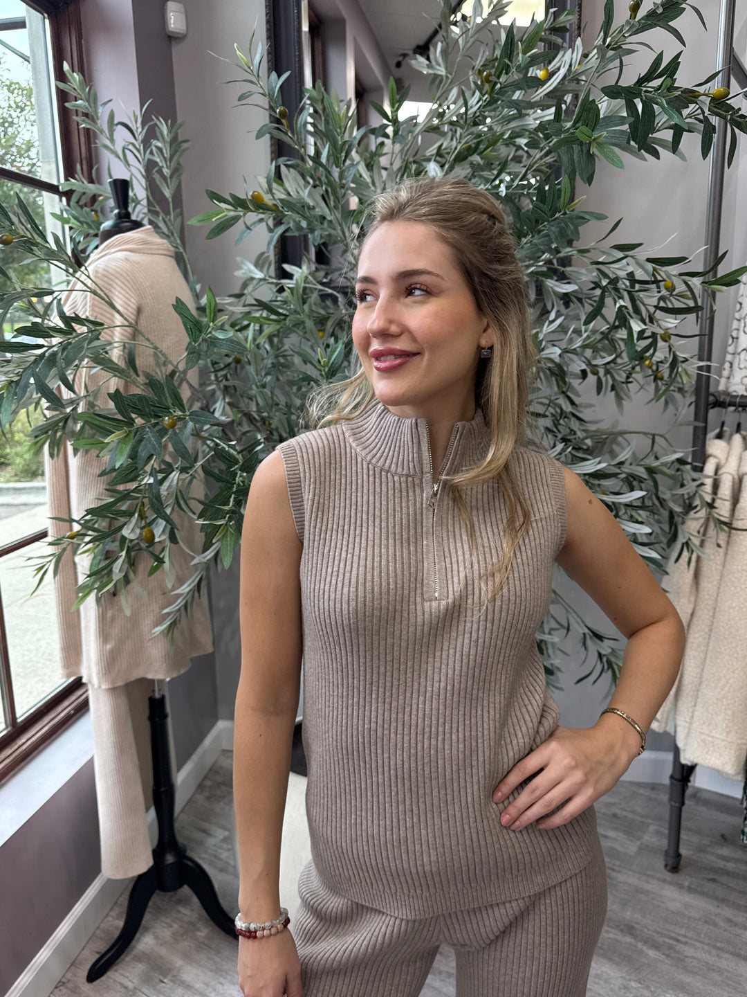 St. Moritz Ribbed Zip Mock Neck Tank in khaki with half-zip mock neck, waist-up front view