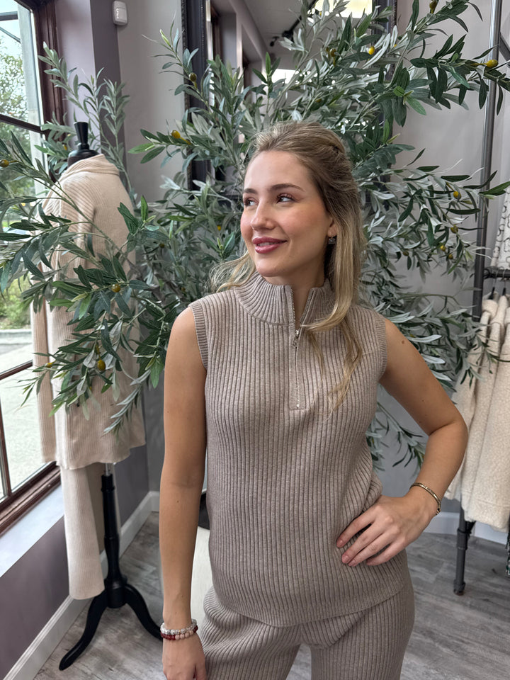 St. Moritz Ribbed Zip Mock Neck Tank in khaki with half-zip mock neck, waist-up front view
