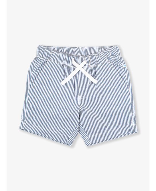 Blue and white striped shorts with a drawstring on a light gray background