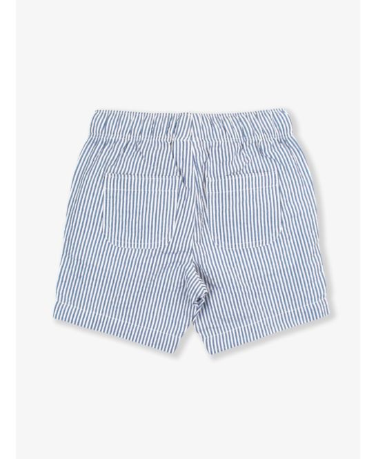 Blue and white striped shorts on a light gray background