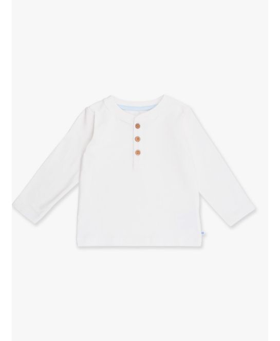 White long-sleeve shirt with brown buttons on a white background