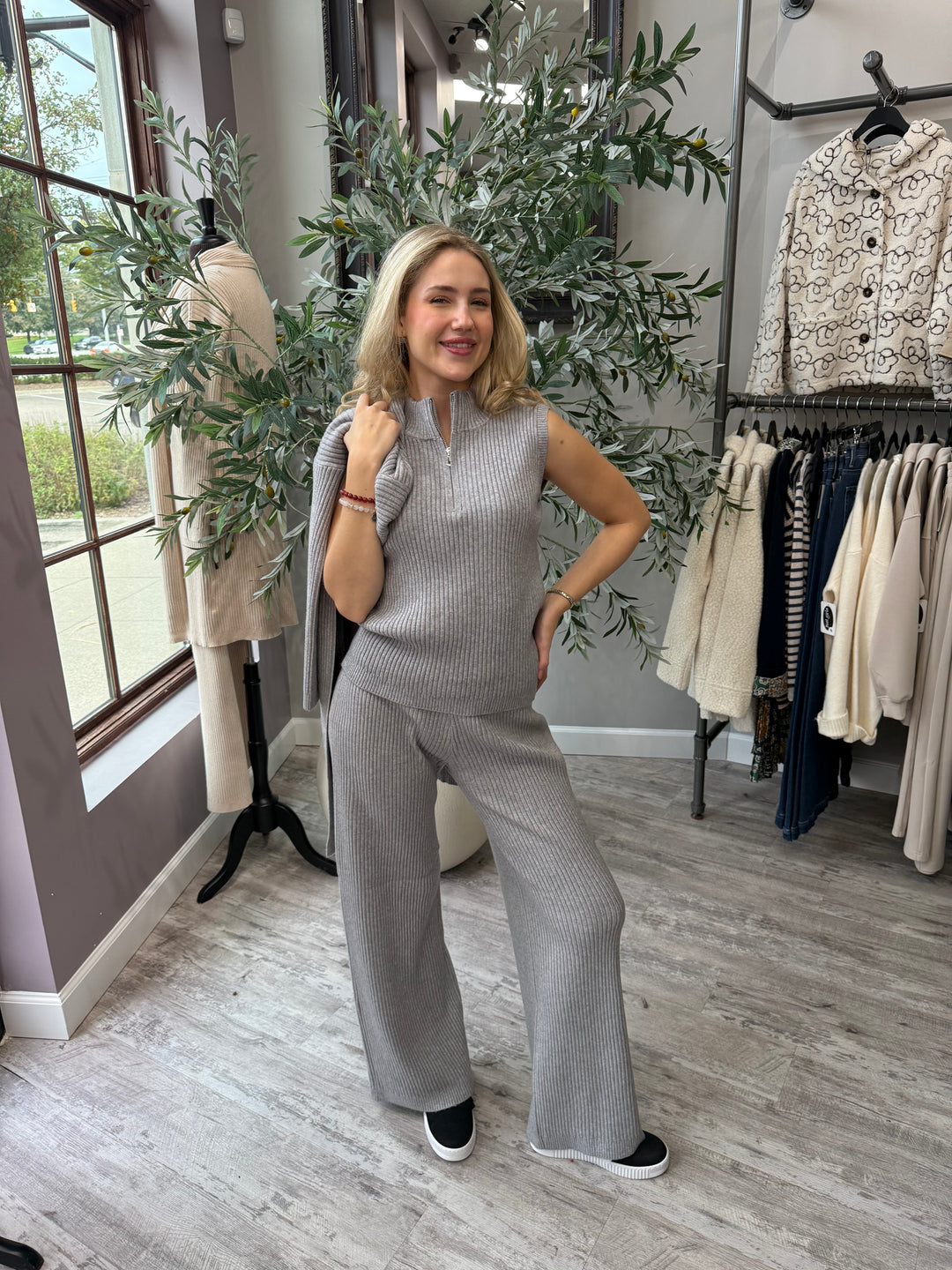 St. Moritz Ribbed Knit Pant in gray with matching tank, full-length front view