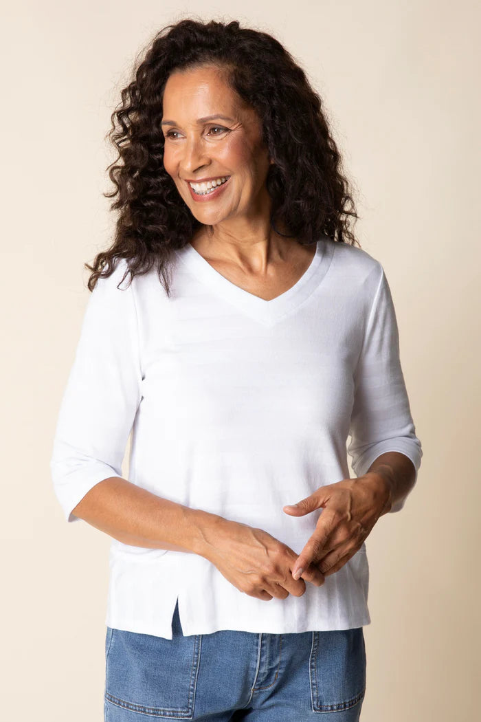 Woman wearing a white shirt and blue jeans against a beige background