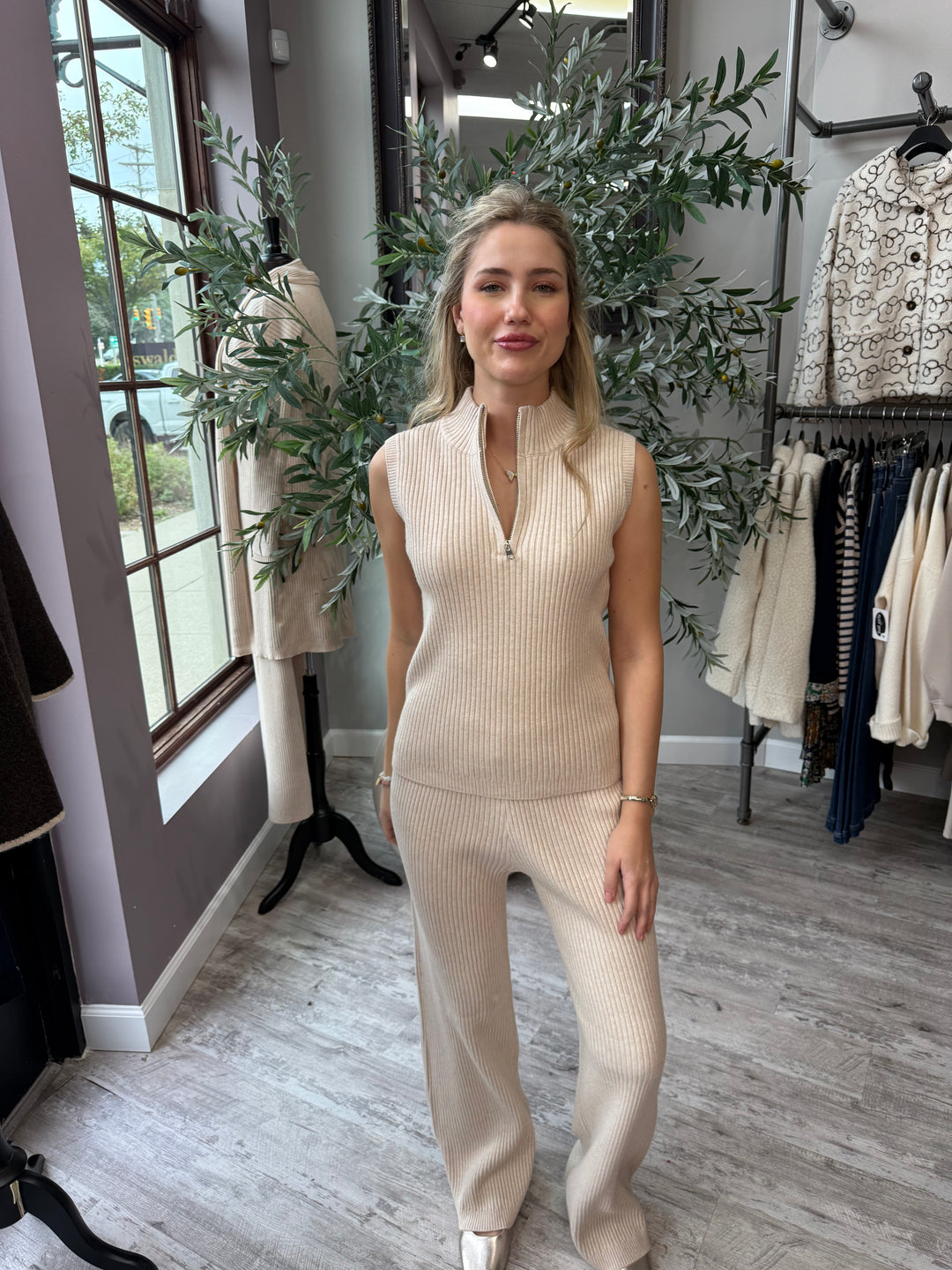 St. Moritz Ribbed Knit Pant in beige ribbed knit, full-length front view