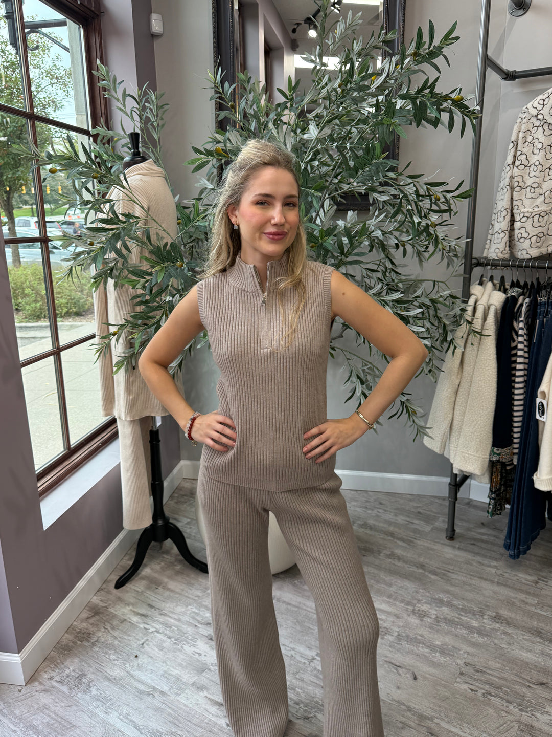 St. Moritz Ribbed Zip Mock Neck Tank in khaki styled with matching wide leg pant, front view