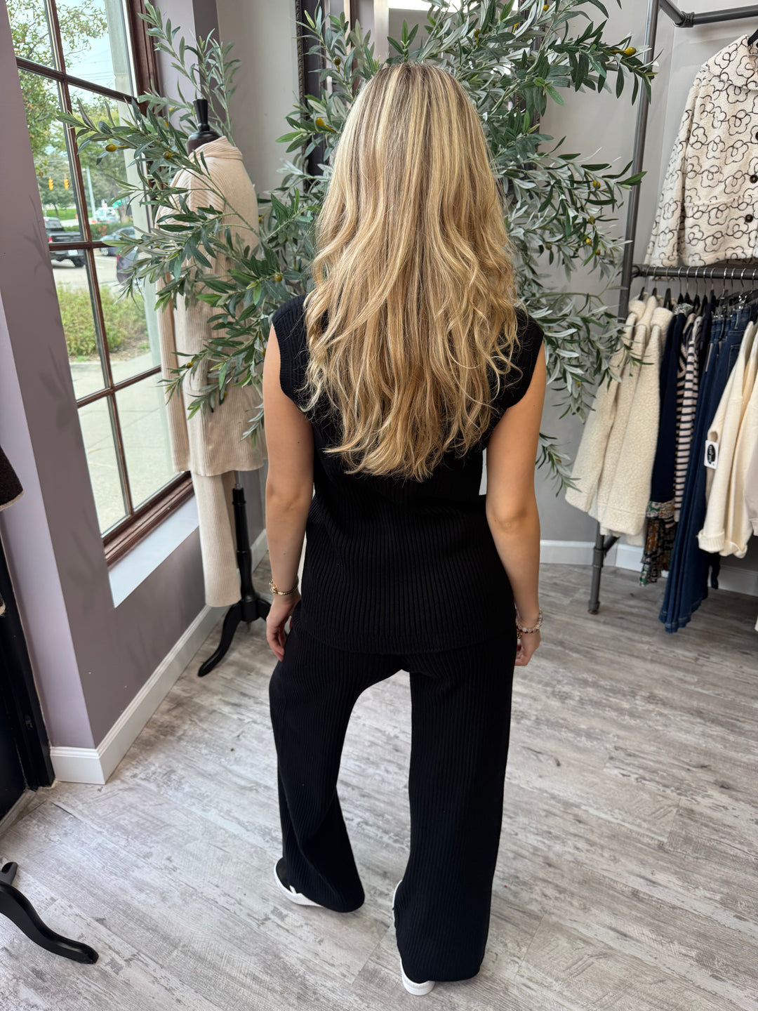 St. Moritz Ribbed Knit Pant back view in black showing relaxed wide leg
