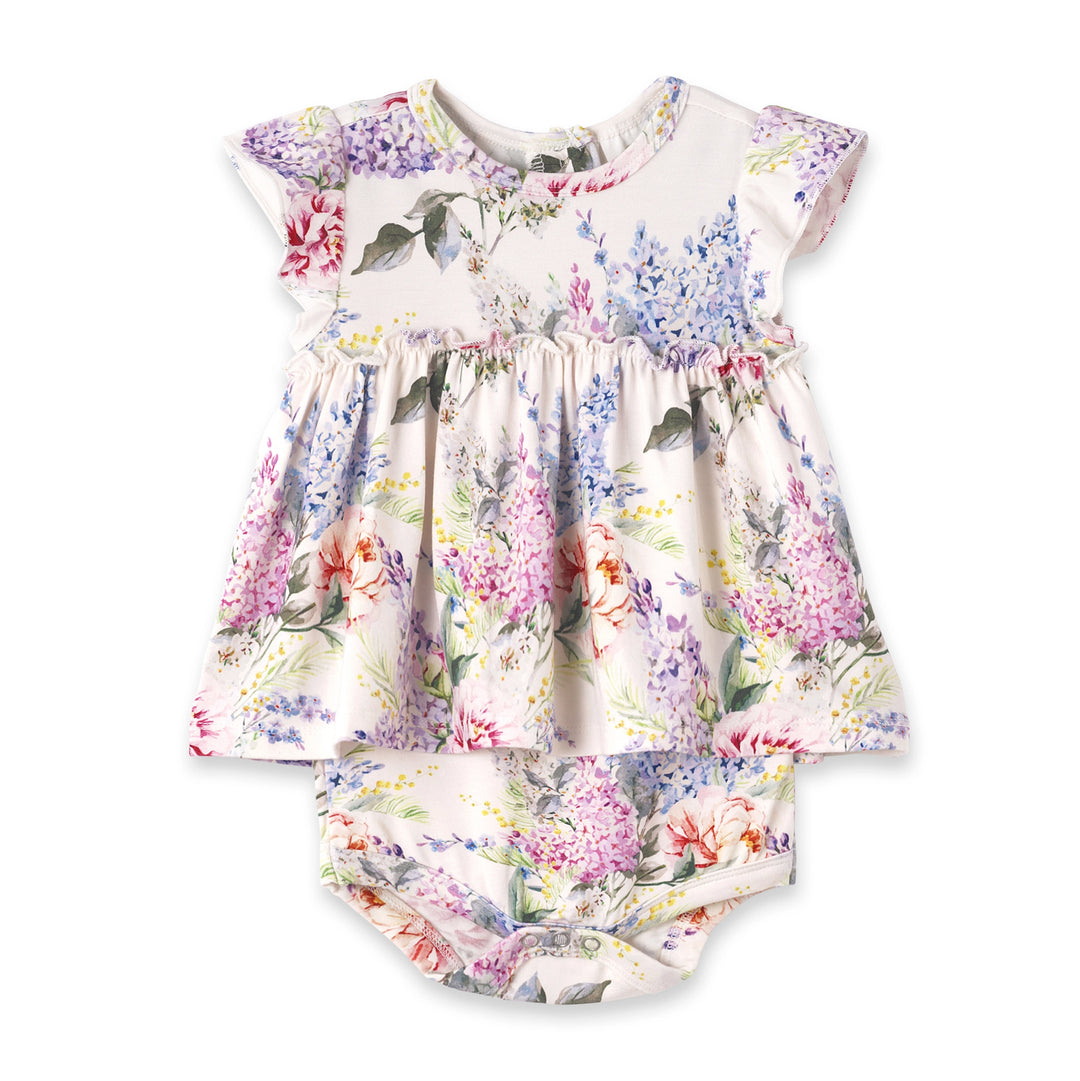 Floral baby outfit with top and bloomers on a white background