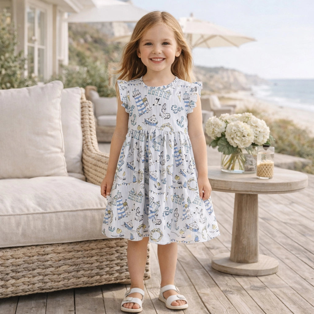 Young girl in a floral dress standing on a wooden deck with outdoor furniture and flowers in the background.