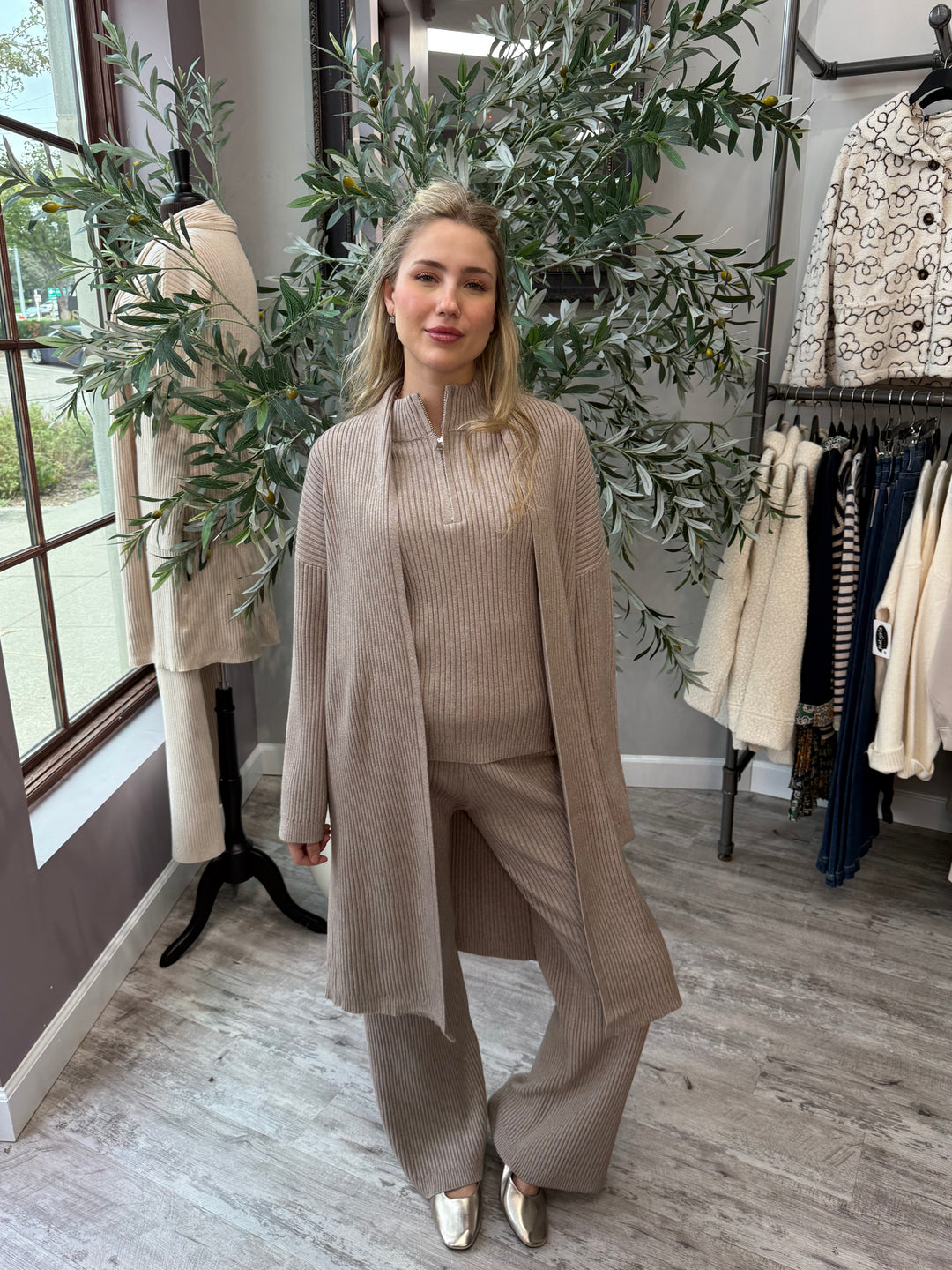 St. Moritz Ribbed Open Cardigan in khaki styled with matching set, full-length front view
