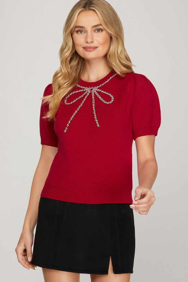 Jingle Bow Short Sleeve Sweater