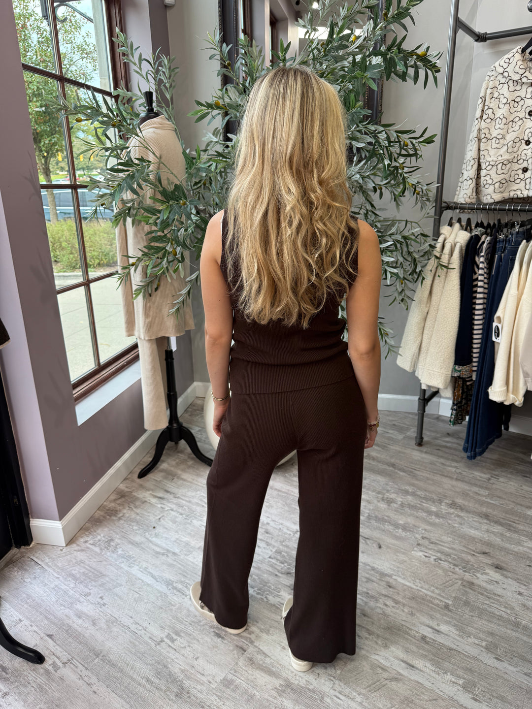 Rumi Ribbed Wide Leg Pant back view in brown ribbed knit