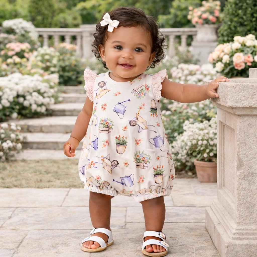 Baby girl in a floral dress standing outdoors with flowers in the background